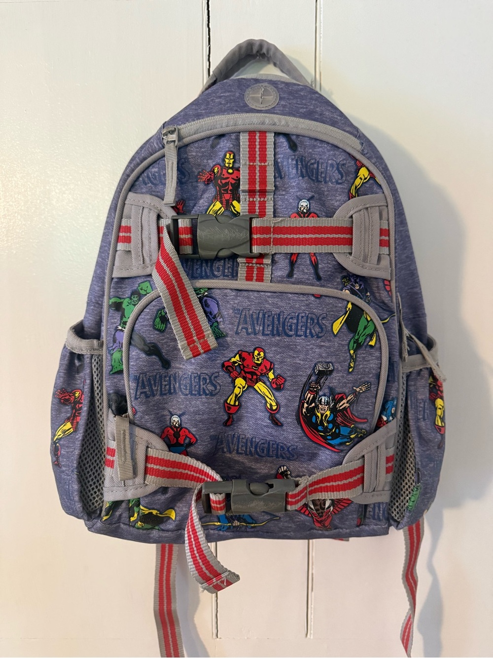Pottery Barn Kids Navy Avengers Print Backpack with Red and Gray Accents